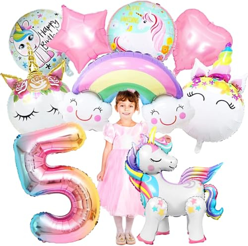 YOUYIKE 5. Geburtstag Mädchen Einhorn Deko - 9 Stk Kindergeburtstag 5 Jahre, XXL Folienballon für Mädchen Geburtstag Mottoparty