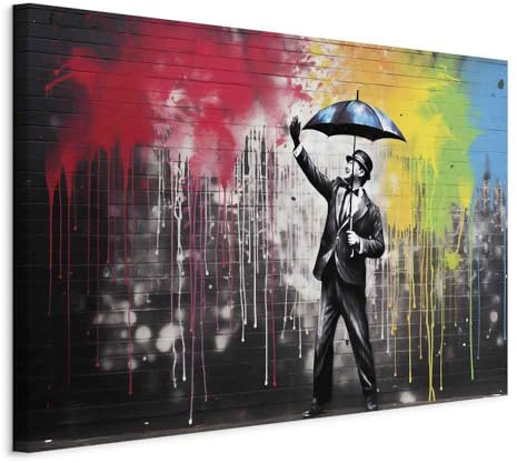 murando - Tableau Acoustique Banksy 120x80 cm - 1 partie Décoration Murale Anti-Bruit Isolation Phonique Chambre Impression sur Toile - Abstraction Homme graffiti coloré avec parapluie h-H-10034-b-a