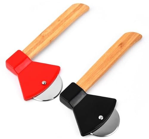 2 Stück Pizzaroller, Pizzaschneider, Edelstahl Pizza Aus Axt mit Holzgriff,Küchenhelfer Küchenutensilien Pizzarad Multifunktionale,Pizzamesser Pizzaschere (Rot+Schwarz）