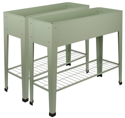 Harbour Housewares Elevated Raised Garden Beds with Legs & Storage Shelf - Green - 2X Metal Raised Bed Galvanised Steel Planter Box for Growing Outdoor Plants, Vegetables, Flowers and Herbs