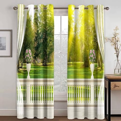 Mesnt Verdunkelungsvorhang Thermo, 137x214cm Grün Cremeweiß Veranda, Rasen, Baum, NaturlandschaftVorhang Blickdicht mit Ösen Thermovorhang Kälteschutz Vorhänge Wohnzimmer Schlafzimmer