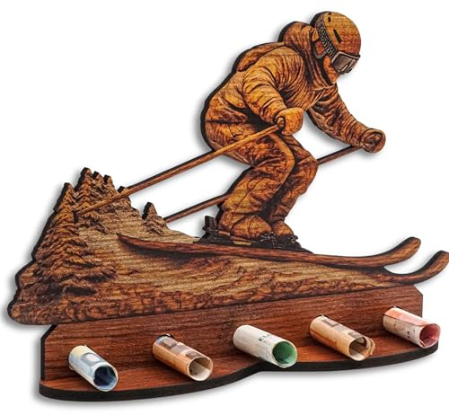 DRO Design Geldgeschenke, Geschenkverpackung Holz-Optik Skifahren Motiv – Bargeldgeschenk, Geldpräsent, Kreatives Geldgeschenk, Geburtstag, Hochzeit, Weihnachten