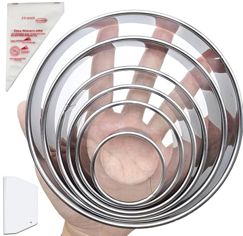 8Pcs Round Cookie Cutter Set,6 Stainless Circle Cookie Cutter(2/3/3.5/4/5/6 Inch) with Hard Flexible Plastic Dough Scrapers and 10 Piping Bags, Biscuit Cutters for Baking Cookies, Pastries and Donuts