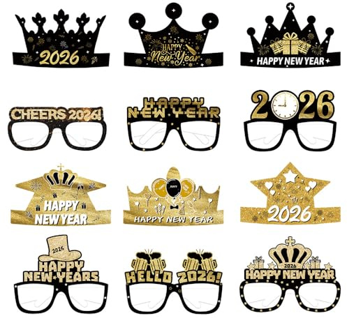 TOPJOWGA Silvester Brille 2026, 12 Stück Partybrille Silvester Haarreifen, Happy New Year Brillen, Frohes Neues Jahr Brillen, Silvester Partybrille Party Favors, Lustige Brillen Neujahrsdeko