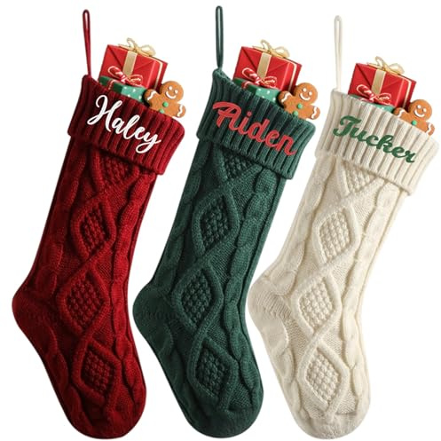 Großer Weihnachtsstrumpf mit bestickten Namen, bestickt, für Familie, großer gestrickter Kamin, hängende Weihnachtsstrümpfe für Kamin-Dekoration (4 Stück)