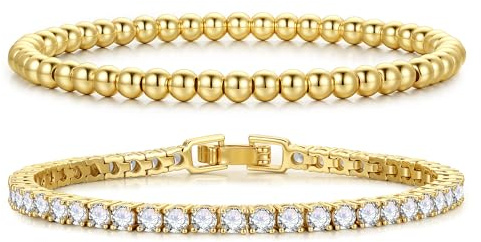 Turandoss Guld tennisarmband för kvinnor, 14K guldpläterat armband för kvinnor trendiga pärlkedjor armband kubisk zirkonia tennisarmband justerbart skjutreglage 16,5–19 cm personliga julklappar, 7