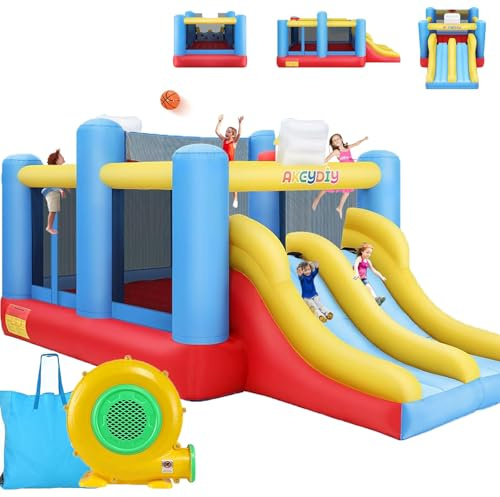 AKEYDIY Château Gonflable avec Ventilateur, Double Toboggan, Mur d'escalade, Panier de Basket, Filet de Ballon, Grand Trampoline, Convient pour l'intérieur et l'extérieur, Tissu Oxford 840 + 420D