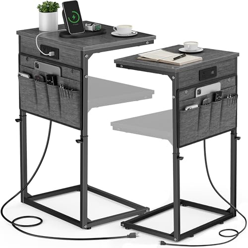 Vagusicc C-Shaped End Table Set of 2 with Charging Station, C Table End Table Adjustable Height Side Table for Couch, Slide Under Sofa Table TV Tray Tables for Living Room,Bedroom,Bedside, Gray Walnut