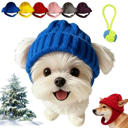 Rote Gestrickte HundemüTze Mit Ohrenklappen - Warme WintermüTze, Dehnbare Rote StrickmüTze, Weihnachten HundemüTze Warm FüR Kleine Hunde, FüR Kaltes Wetter GemüTliche WäRme (Blau,1PC)