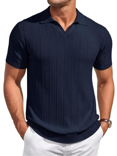 Runcati Polo de verano para hombre, manga corta, de punto, monocolor, con botones, corte ajustado, deportiva, informal, básica,, azul oscuro, L