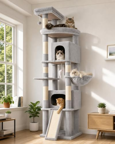 Globlazer Árbol Rascador para Gatos XXL 215 cm Alto con 2 Grande Nidos, Extragrande Plataforma, Perchas, Cesta, Tabla Rascar Sisal, Estable Rascador para 3-5 Gatos Adultos Grandes (F84B, Gris Claro)