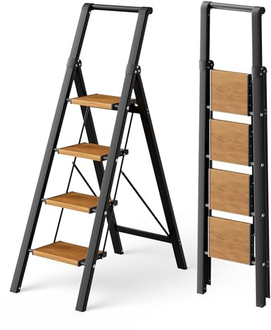 ATTESTIERER Escalera de 4 peldaños con pasamanos, plegable, capacidad de 150 kg con pedal antideslizante, taburete portátil de aluminio, fácil de guardar, interior y exterior, aspecto estético, madera