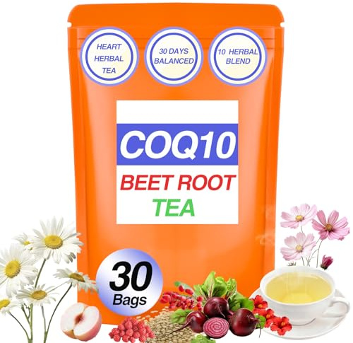 Q10 Blood Pressure Tea - Heart Functional Tea with Hibiscus, Chamomile, Beet Root, Hawthorn Berry - Non-GMO, Caffeine-Free, Sugar Free, Peach Flavor - Organic Plant-Based Pyramid Teabags (30 Servings)