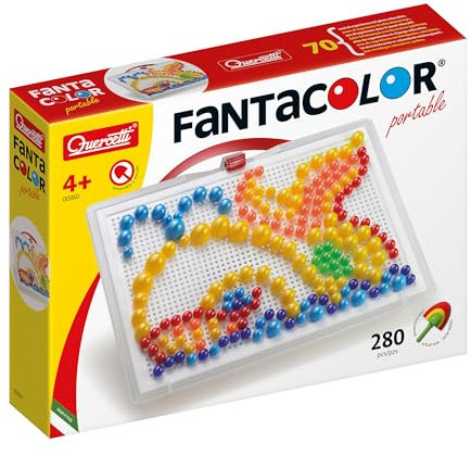 Quercetti Fanta Color Portable Spielzeug ab 4 Jahre, Kreatives Montessori Spielzeug mit 280 Steckern für Kinder Mosaik Basteln Reisespiele