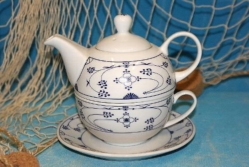 Ocean Line Wilhahn (früher, Set Tea for One Indisch Blau/Strohblume Porzellan (Kanne Tasse Untertasse)