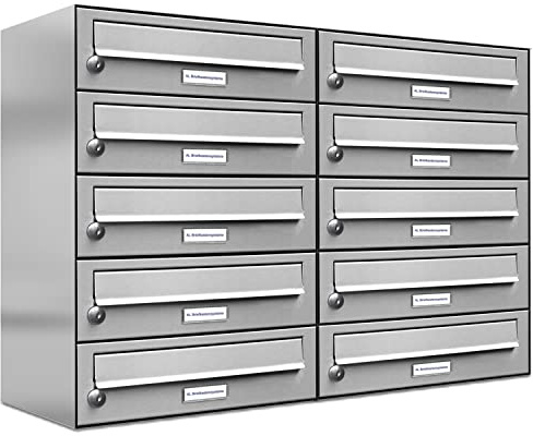 AL Briefkastensysteme 10er Briefkastenanlage Edelstahl, Premium Briefkasten DIN A4, 10 Fach Postkasten modern Aufputz