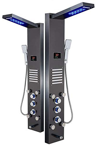 ELLO&ALLO LED Shower Panel Tower System, Hydroelectricity Display Rain Massage with Jets, Brushed Black