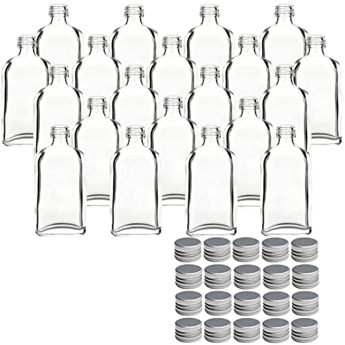 gouveo Lot de 20 bouteilles en verre 50 ml Dana avec bouchon à vis argenté - mini bouteille 0,05 l à remplir - bouteilles en verre pour liqueur, whisky pour anniversaires, mariages (MFD050S)