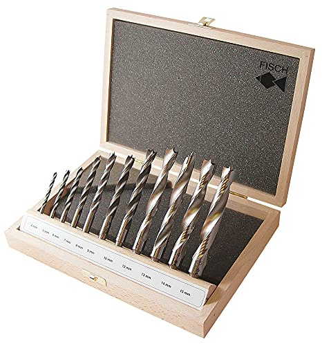 Set da 11 punte elicoidali per legno, in acciaio HSS, versione professionale, Ø 4-5-6-7-8-9-10-12-14-15-16 mm, in cassetta di legno