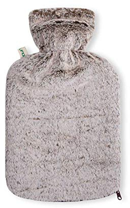 Premium Wärmflasche 1.8 Liter mit kuschligem Mink Fell Bezug mit extra Innenfutter und Reißverschluss, Bettflasche, Wärmeflasche - (braun)