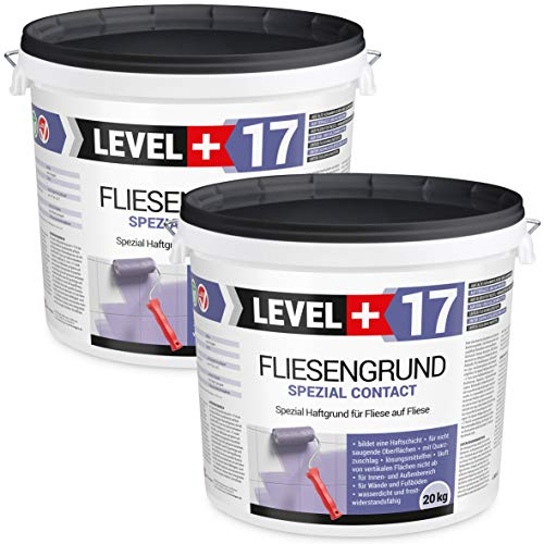 Level + 17 Fliesengrund Spezial Contact für Fliese auf Fliese - Spezial-Haftgrund mit Quarzsand für Fliesen, Glasmosaik, Naturstein & PVC - Grundierung für Innen & Außen - Lösemittelfrei - 40 kg