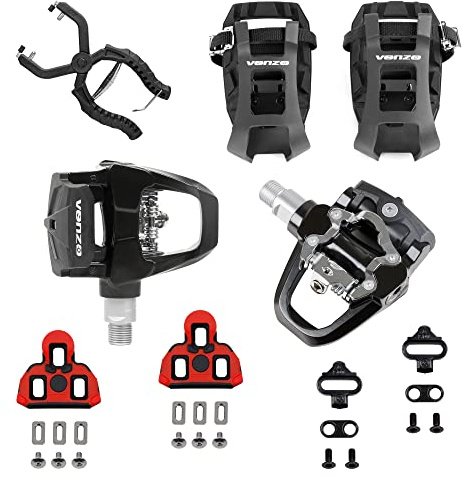 'Venzo Compatible with Shimano SPD-SL & Shimano SPD System for Indoor Fitness Exercise Bike Bicycle Pedals & Cleats with 9/16'' Heavy Duty Spindles Sealed Bearing'