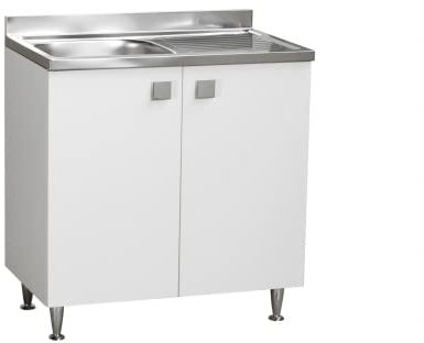Mueble de Cocina con Fregadero de Acero Seno Izquierdo o Derecho, 2 Puertas en Fresno Blanco, cm 80x50 H.81