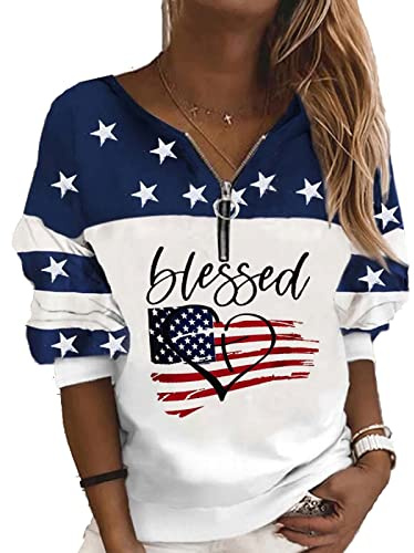Dam USA flagga välsignad tröja, avslappnad randig tröja med tryck dragkedja amerikansk patriotisk pullover tröja, Vitt, L