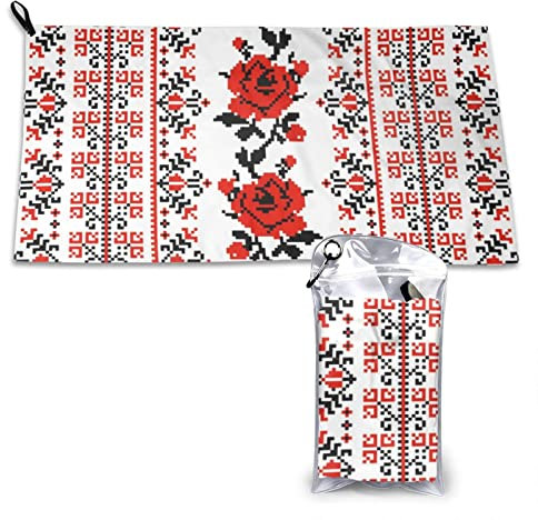 AROONS Schnell trocknendes Handtuch mit Tasche – Ukrainische Stickerei Stil Rose bedruckt, super saugfähiges Gesichtstuch Mikrofaser Reise Sport Handtücher 80 x 40 cm