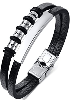 FLHEART Personalisierte Armband Herren Lederarmband mit 2-7 Namen Perlen benutzerdefinierte Name ID Armbänder für Papa Freund Ehemann Familie für Weihnachten, Geburtstag, Valentinstag,Silber,4 Namen