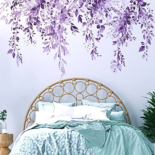 VePret Purple Plants Leaves Wall Decals Peel and Stick, Large Floral Flower Leaf Vinyl Wall Stickers, Removable Vine Home Decor Art for Bedroom Living Room Classroom Office