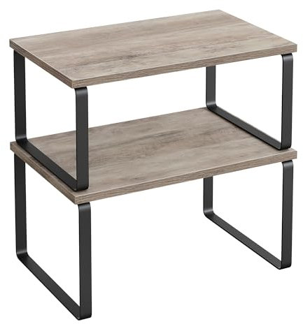 SONGMICS Gewürzregal, 2er Set Küchen-Organizer, Küchenregal, Schrank-Organizer Küche, erweiterbar, kleines Regal, stapelbar, Metall und Holzwerkstoff, tintenschwarz-greige meliert KCS020X02