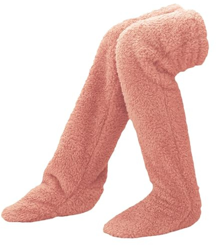 Dirfuny Plüsch-Hausschuh-Strümpfe, pelzig, 55,9 cm, langes Bein, hohe Füße, Wärmer für Damen und Herren, Overknee-Socken, flauschige Socken, Winter, Zuhause, Schlafsocken, dunkelrosa, 33 EU