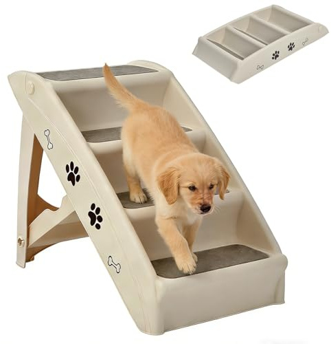 GYMAX Haustiertreppe mit 4 Stufen, klappbare Hundetreppe aus Kunststoff mit rutschfesten Fußpolstern, 4 Teppichen & dreieckiger Struktur, Kletterhilfe für Katzen & Hunde (Beige)