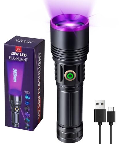 LEKIA UV-Taschenlampe, 365 nm, 20 W, hohe Leistung, UV-Licht, wiederaufladbar, USB C, Schwarzlicht zur Erkennung von Urin von Haustieren, Harz, Skorpion, Steinsuche, A/C Leckage