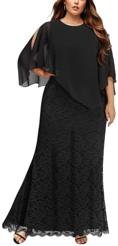 Plus Size Black Dress Women Formal Wedding Guest Evening Party Long Lace Chiffon Cape Gowns Mermaid Prom Dresses 2024