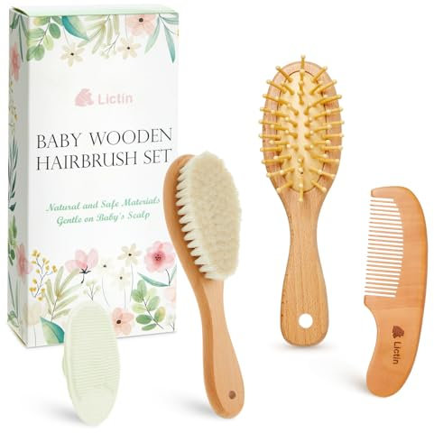 Lictin Baby Hair Brush and Comb Set, 4 Pcs Newborn Hair Brush with Soft Bristle, Natural Goat Hair and Wood Baby Cradle Cap Comb for Newborns & Toddlers, Newborn Baby Essentials