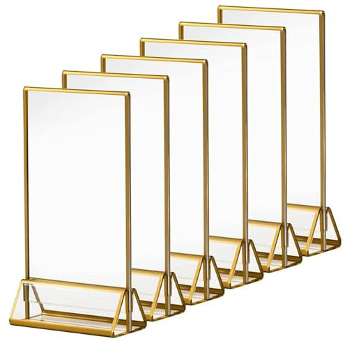 SagaSave 12 soportes de acrílico transparente con marcos dorados, 42x127x180 mm, fotos para mesas de boda, restaurantes y exhibición