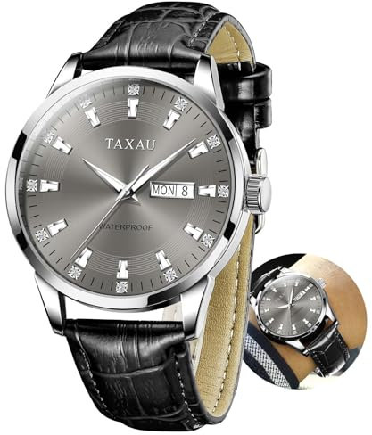 Taxau Kleid Uhren für Männer Graues Zifferblatt Quarzuhren für Männer Edelstahl Armbanduhr Luxcury Diamant Wasserdicht Luminous Day Date Herrenuhren Reloyes para Hombres