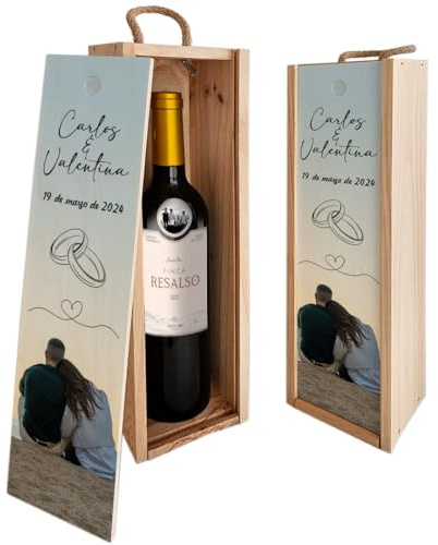 Set de Vino Personalizado con Foto y Texto | Regalo Original Personalizado | Caja de madera con Tapa y Asa | Con o sin Botella de Vino | Kit de Vino y Caja (Caja personalizada + Crianza Finca Resalso)