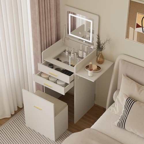 YOURLITE Small Dressing Table with LED Mirror, Compact Vanity Desk Set