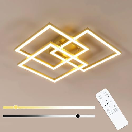 Mckalen Plafoniera LED Soffitto Dimmerabile, 40W 5400LM Lampada da Soffitto Oro Moderno,Lampadario LED Quadrata con Telecomando 3000K-6500K per Soggiorno Camera da Letto Cucina, 62CM