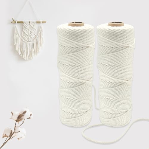 Gentpovth Fil Macramé Corde Macramé 2 Rouleaux Cordons, 2 mm x 100 m Cordon en Coton macramé Doux, Fil macramé Naturel Coton Cordon, pour Bricolage, Artisanat, Plante Suspendue, Décoration Boho