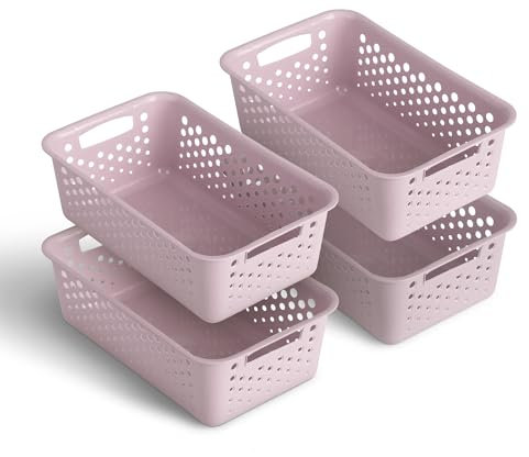 Lot de 4 paniers de rangement de 2 l, avec poignées, sans BPA, organiseur, 25 x 16 x 8 cm, rose, pour salle de bain, cuisine, chambre à coucher, panier ménager