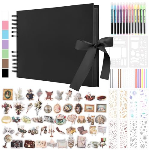 DazSpirit DIY Scrapbook Photo Album with Ribbon, 80 Pages/40 Sheets Scrap Book Rectangle Hardcover Photo Book, With 12 Marker Pens & 7 Stickers, Ideal for Scrapbooking, Arts, Crafts and DIY, Black