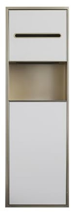 Nicho de baño empotrado de acero inoxidable con soporte para papel higiénico y cubo de basura, soporte moderno para escobilla de inodoro y estante de almacenamiento (marco de granja)