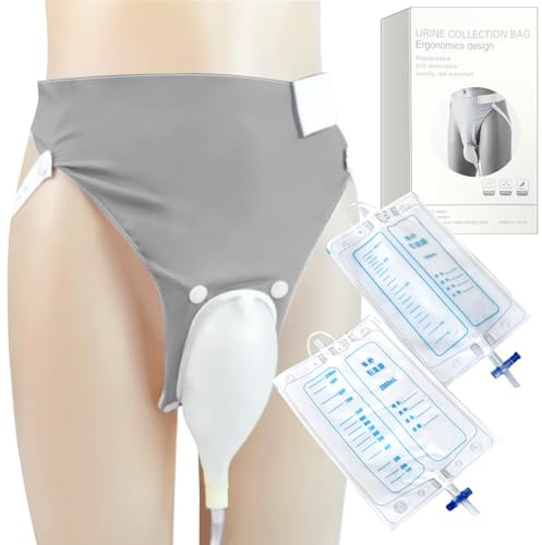 Bolsa de drenaje urinario portátil con catéter urinario elástico para hombres (2000 ml x 1 + 1000 ml), bolsa de recolección de orina reutilizable, urinario para pacientes postrados en cama (gris -