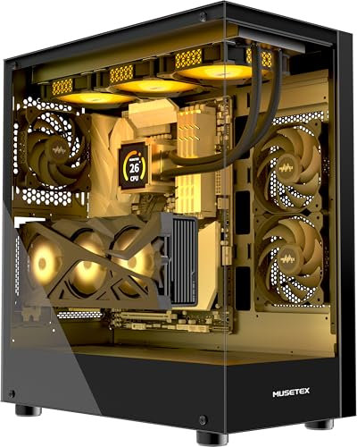 MUSETEX ATX PC Gehäuse, 360MM Rad Support, Full-View Dual Tempered Glass Mid Tower PC-Gehäuse, Typ-C Computergehäuse mit 3 vorinstallierten Nicht-LED-Lüftern, Gaming Gehäuse, Schwarz(K2)