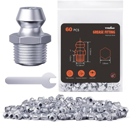 TRILINK Ingrassatori Testine M8, Ingrassatore Metrici con Angoli Dritti, Kit di Ingrassatori con Chiave – Ideale per Veicoli Automobilistici, Agricoli e Macchinari Industriali (60 Pezzi)