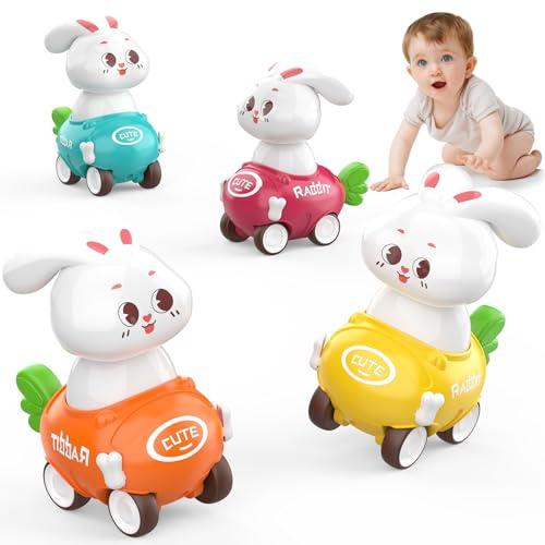 MOONTOY Cadeau de Pâques Jouet Voiture Bébé, 4 Pièces Petite Voiture Enfant 1 2 3 Ans, Voiture Jouet Bébé 1 an Lapin, Jeux Éducatifs pour 9 12 18 Mois Garçons Filles